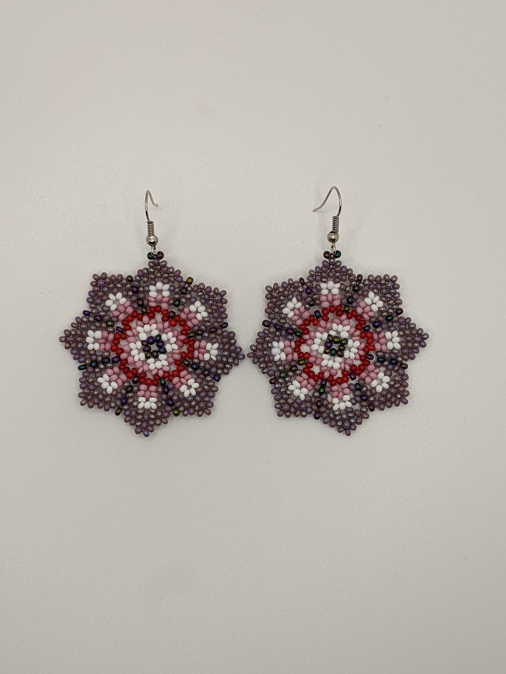 Handcrafted Purple Floral Seed Bead Earrings with Red and White Accents